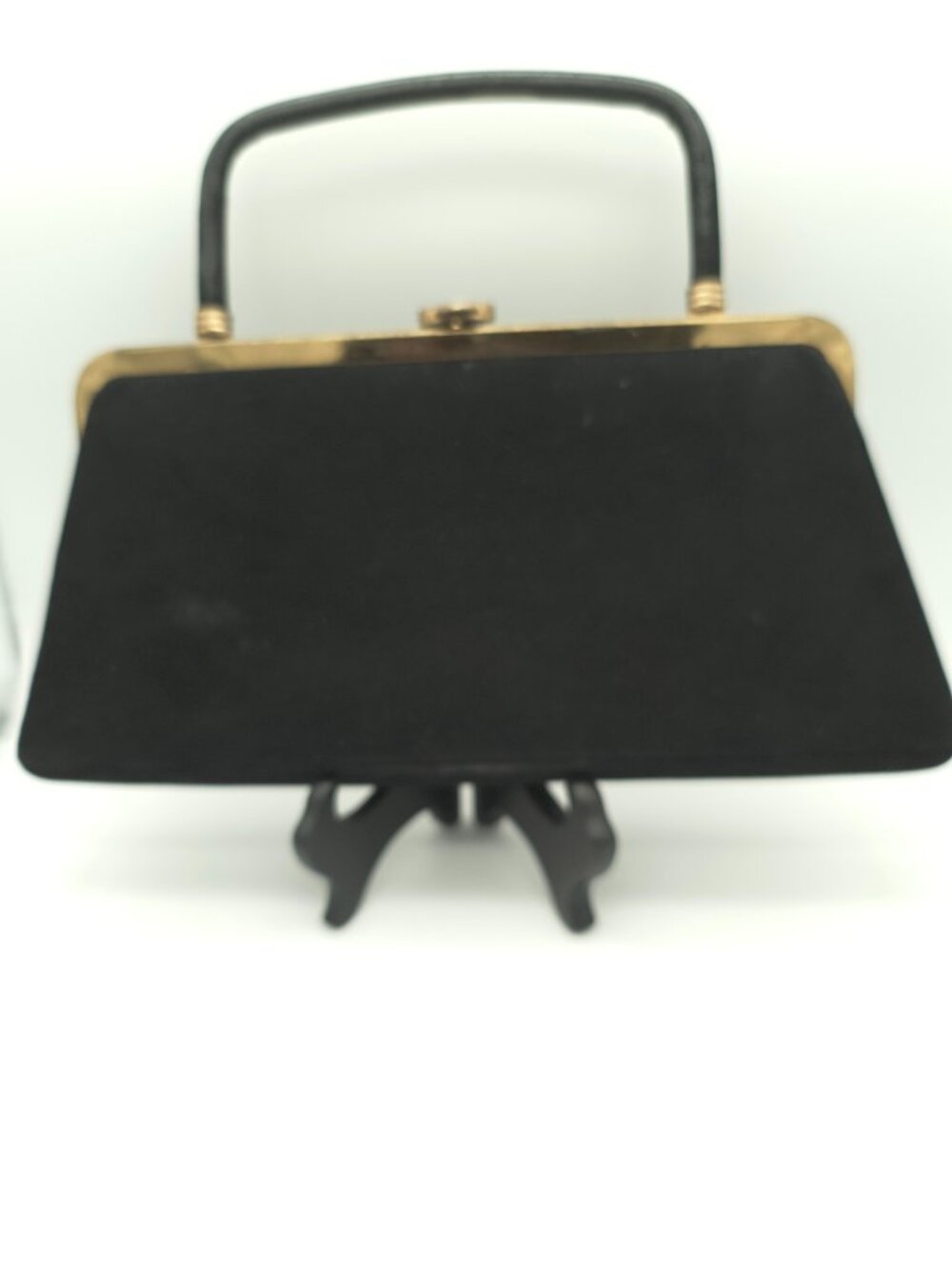 Vintage 1960's Saks Fifth Avenue Black Suede Gold Tone Hinged Frame Clutch Purse